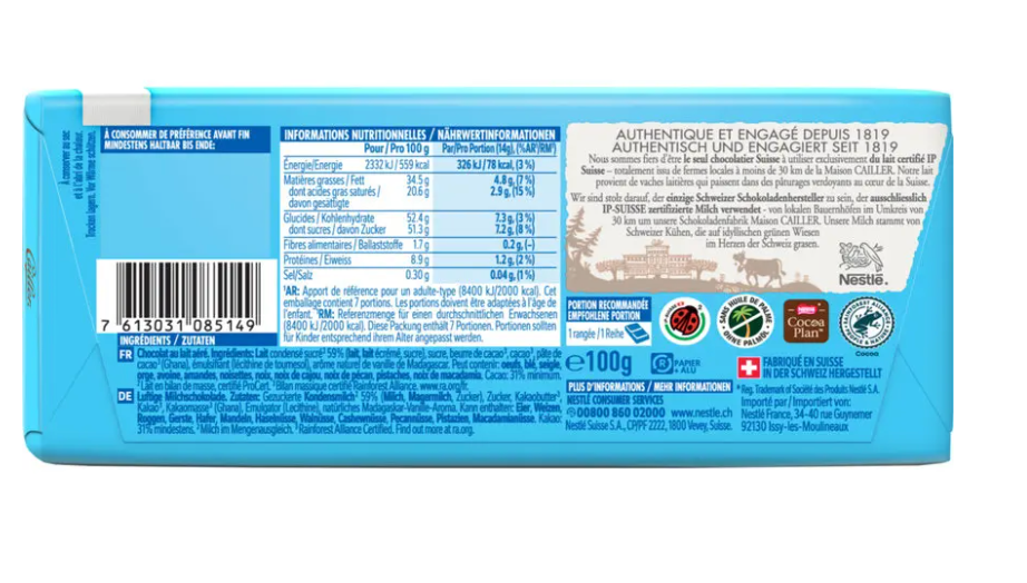 Cailler Air Tablette de Chocolat Suisse au Lait Aéré, 100 g