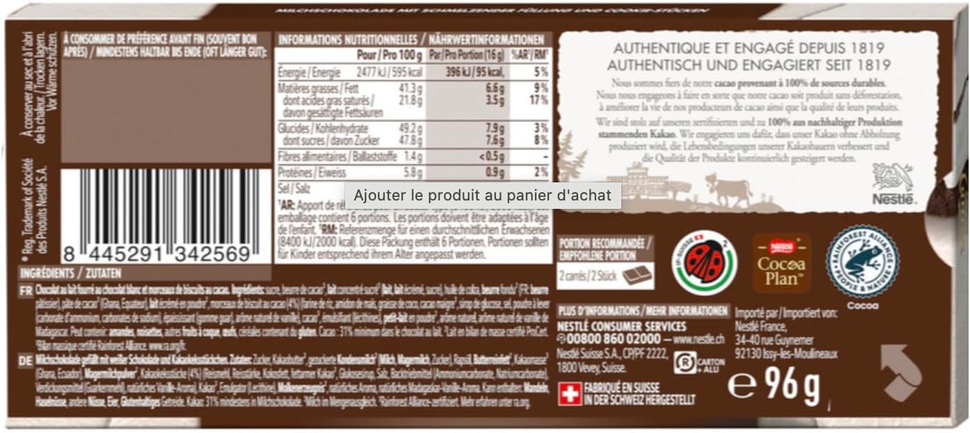 Chocolat au lait Suisse Cailler Cookies & Cream 96g